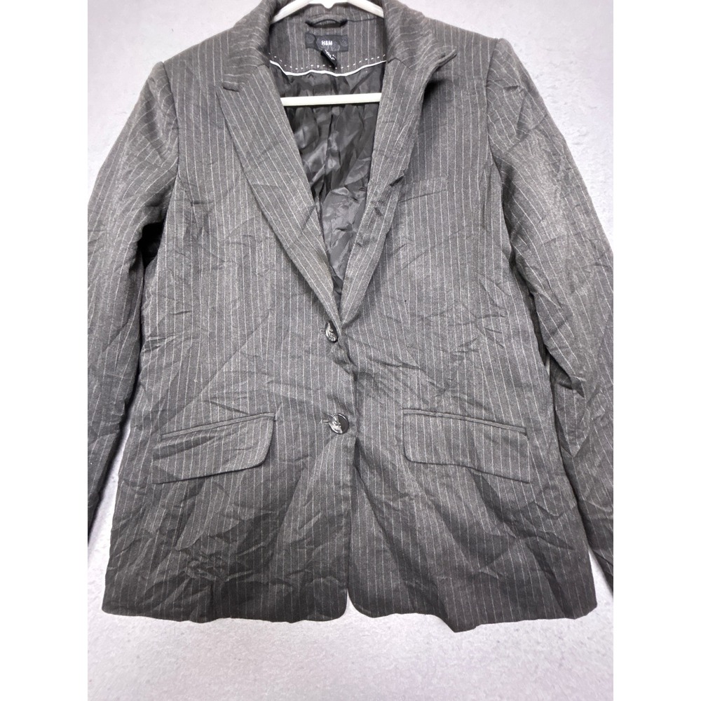 H&M Blazer Polyester Viscose Grey Pinstripe 14 EUR 44 Womens
